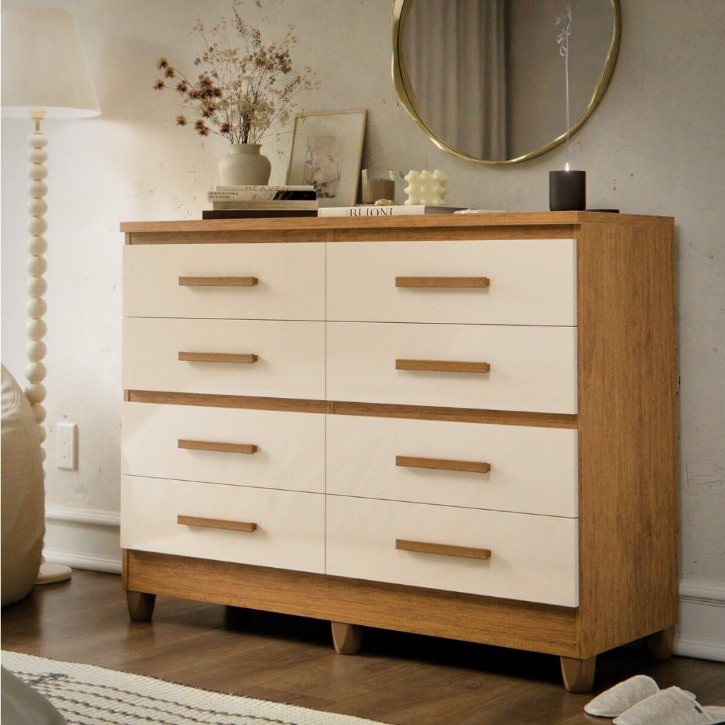 Cômoda 8 Gavetas Para Quarto Pés Plástico, Puxadores Multiuso Organizador Roupas Moderna Grande Lite