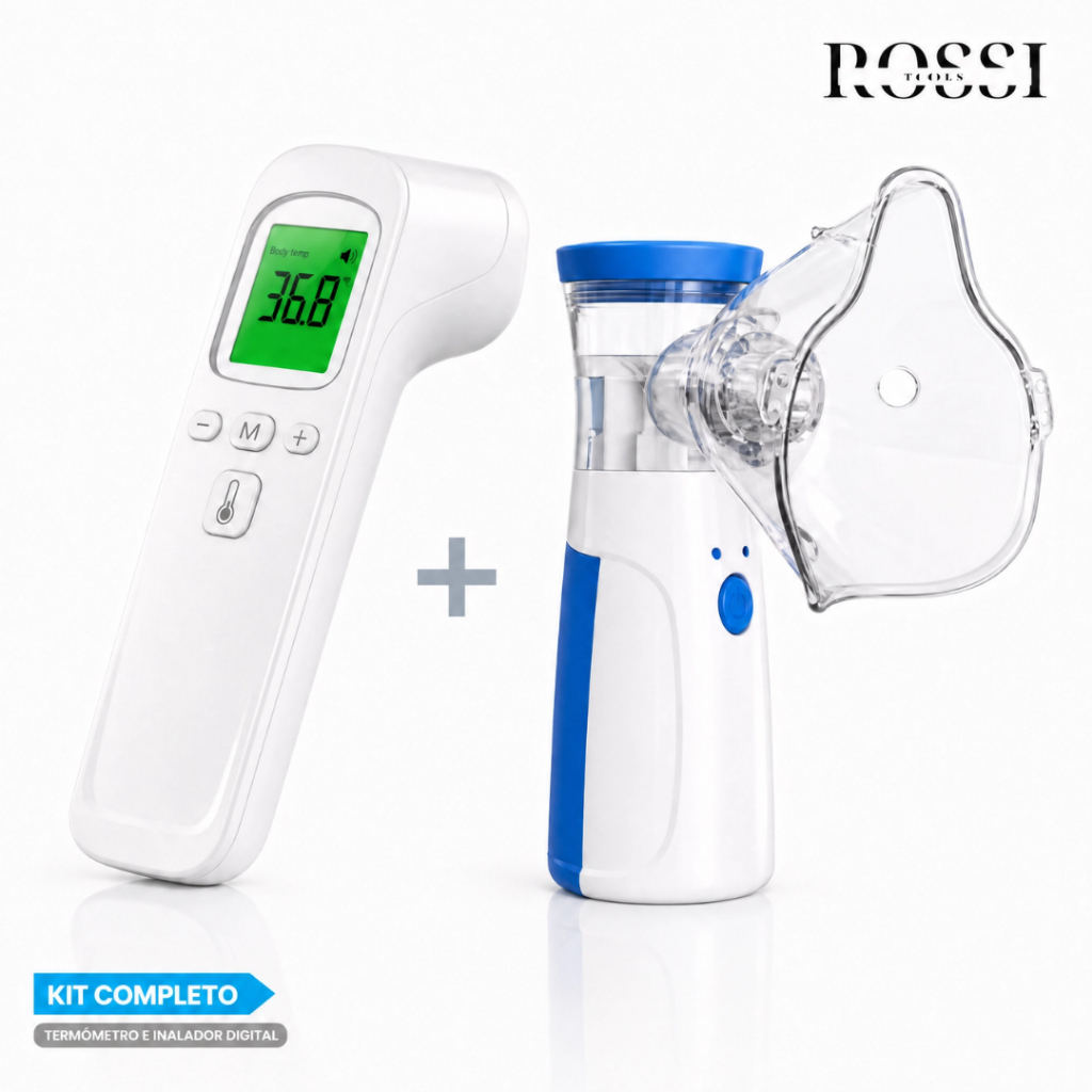Kit Nebulizador Portátil Inalador + Termometro Digital Infravermelho Sem Contato Adulto E Criança