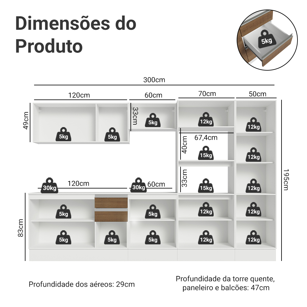 Armário de Cozinha Completa 100% MDF 300cm Branco/Rustic/Crema Smart Madesa 02 · foto 2