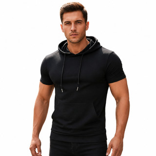 Camiseta Manga Curta em 100% Algodão Com Capuz e Bolso e Cordão