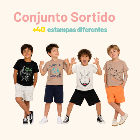 Kit 4, 6, 8 ou 10 Peças Sortido Roupa Infantil Menino Verao Conjunto Camiseta Bermuda Estampada