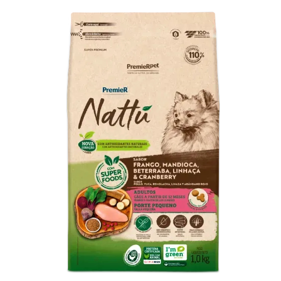Ração Premier Nattu Cães Adultos Raças Pequenas Mandioca 10,1kg