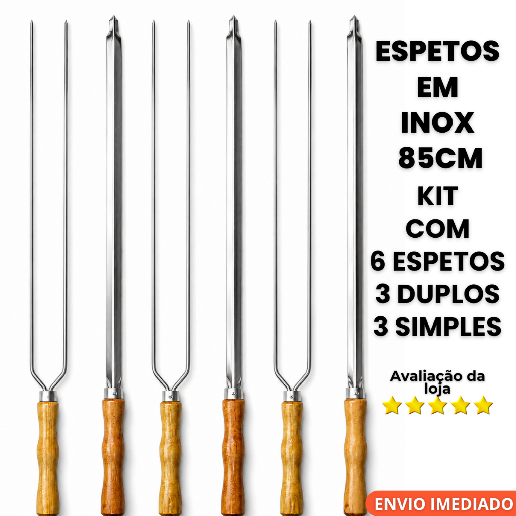 Imagem Kit 6 Espetos para Churrasco Premium Inox com Cabo de Madeira – Alta Resistência e Acabamento Profissional