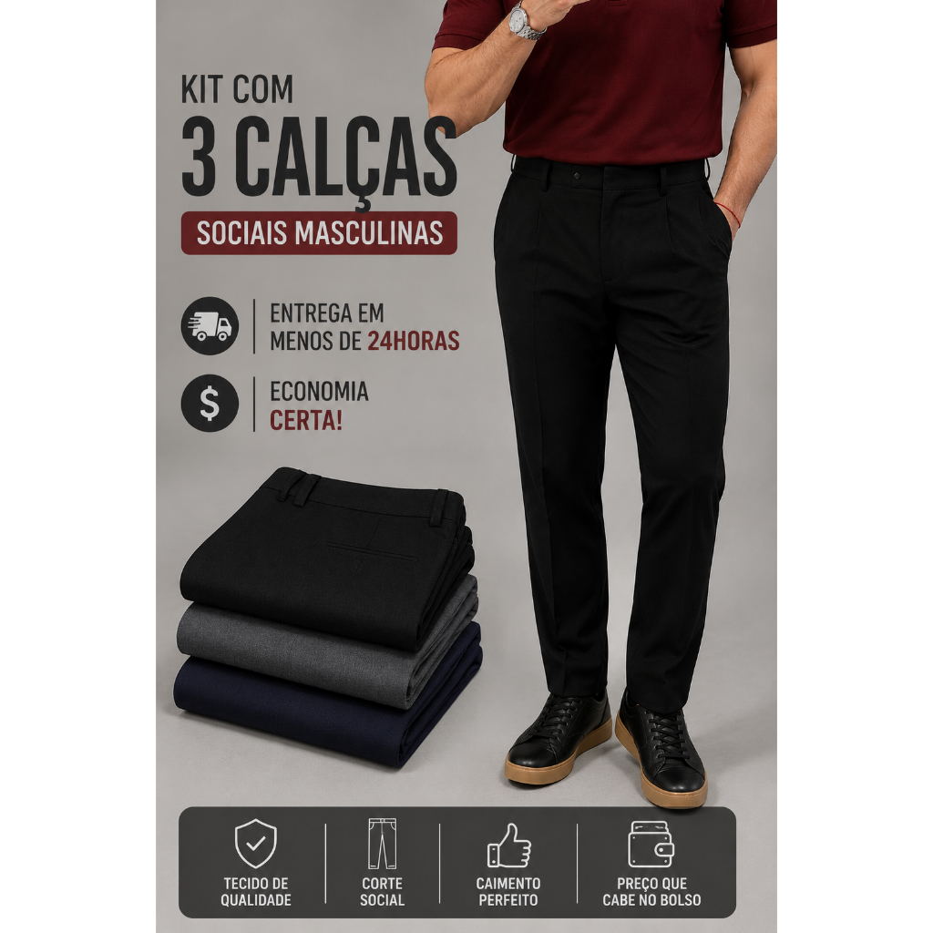 Kit De 3 Calça Masculina Social Slim Oxford Para Igreja Trabalho Presente Do 38 Ao 50