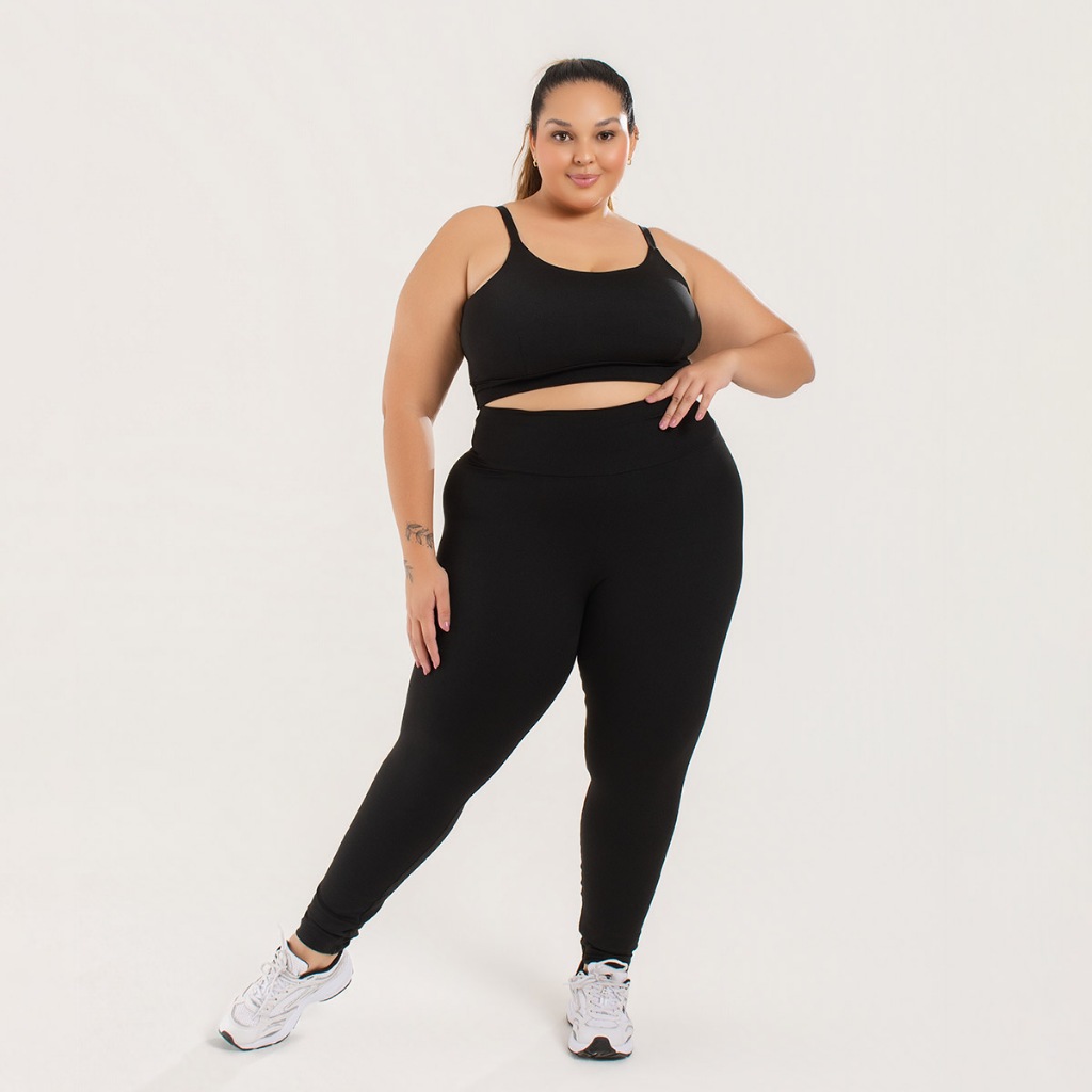 Conjunto Legging Cintura Alta Plus Size Poliamida Top Alça Reforçada Blackout