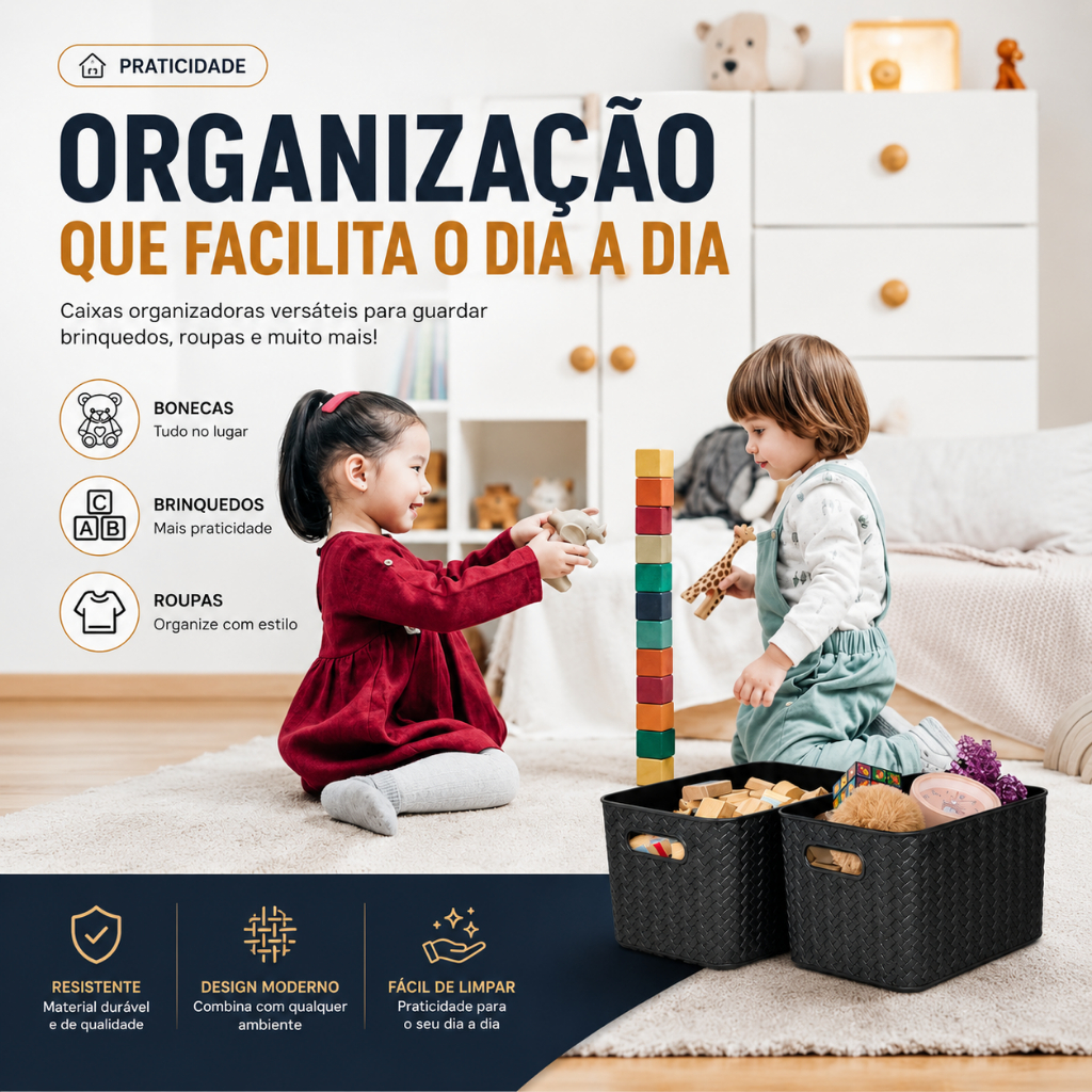 caixa organizadora rattan 40 litros com tampa preta multiuso — imagem 2 de 2