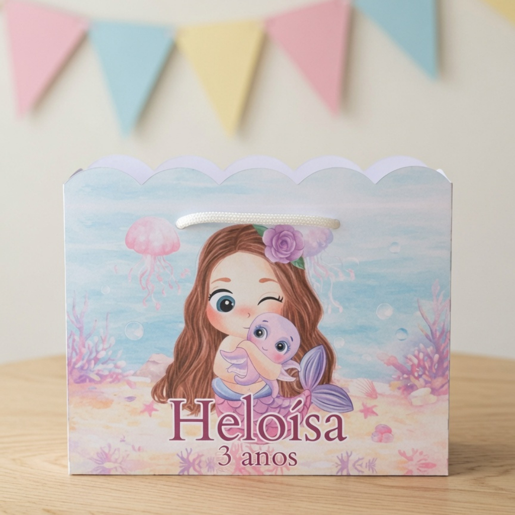 Sacolinha Personalizada Sereia Lembrancinha Festa Infantil PEGUE E MONTE Papelaria Personalizada.