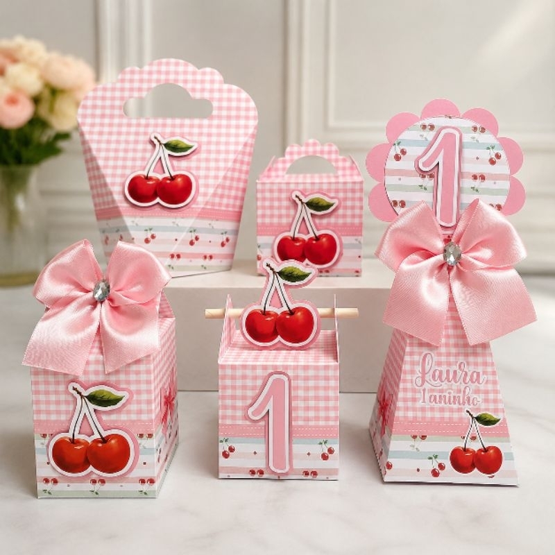Kit Personalizados caixinhas Cerejinha Rosa /Lembrancinhas/festa/aniversário para colar e montar em casa