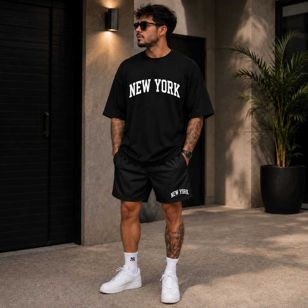 Conjunto Masculino Camiseta Oversized E Bermuda Estampado New York Linha Premium 100% Algodão E Tactel Confortável