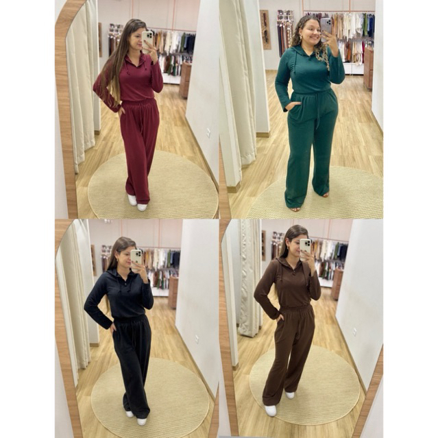 Conjunto Feminino Outono Inverno Moletinho Calça Pantalona com elástico blusa manga longa com capuz