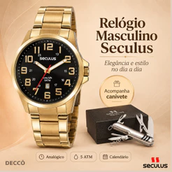Relógio 46 MM Masculino Seculus Analógico Em Aço Dourado Clássico Resistente à Água 5 ATM Com Canivete