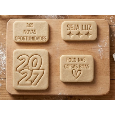 Ano Novo 2026 Kit 4 Cortadores Biscoito  Mensagens para Pasta Americana Confeitaria Réveillon Decoração de Bolo