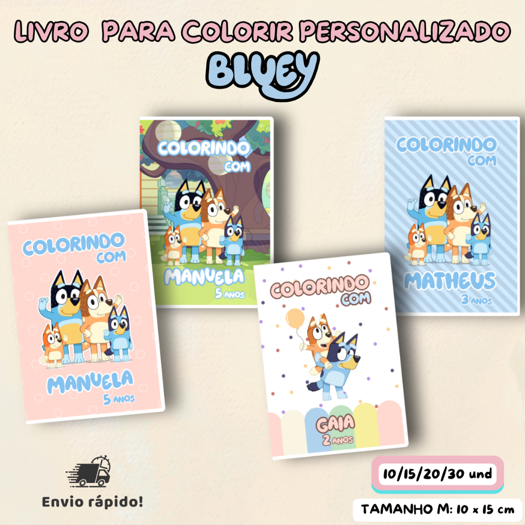 Kit 10 - 30 Livro para Colorir Personalizado Bluey 10x15 - M - Lembrancinha Aniversário Infantil | Revista Livrinho
