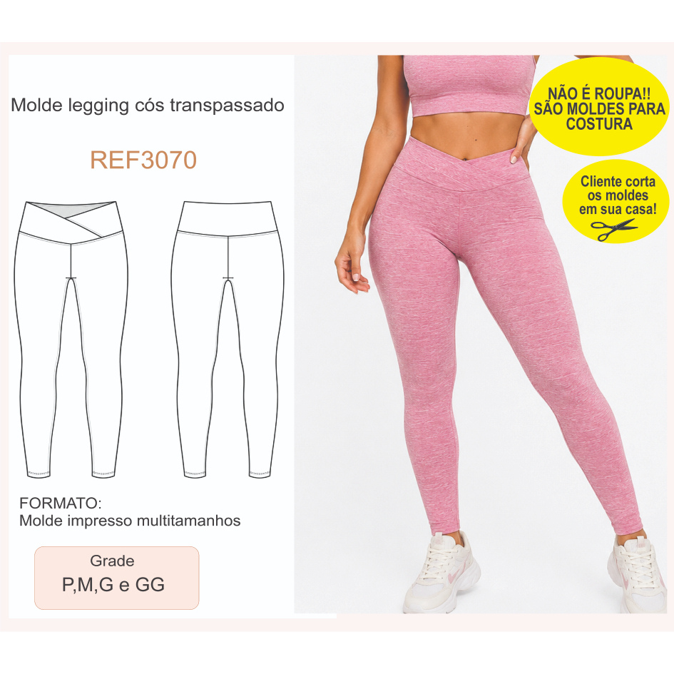 REF3070 Molde Legging Fitness Feminina Cós Transpassado Multitamanhos P M G GG Impresso em Papel Kraft Cliente Corta