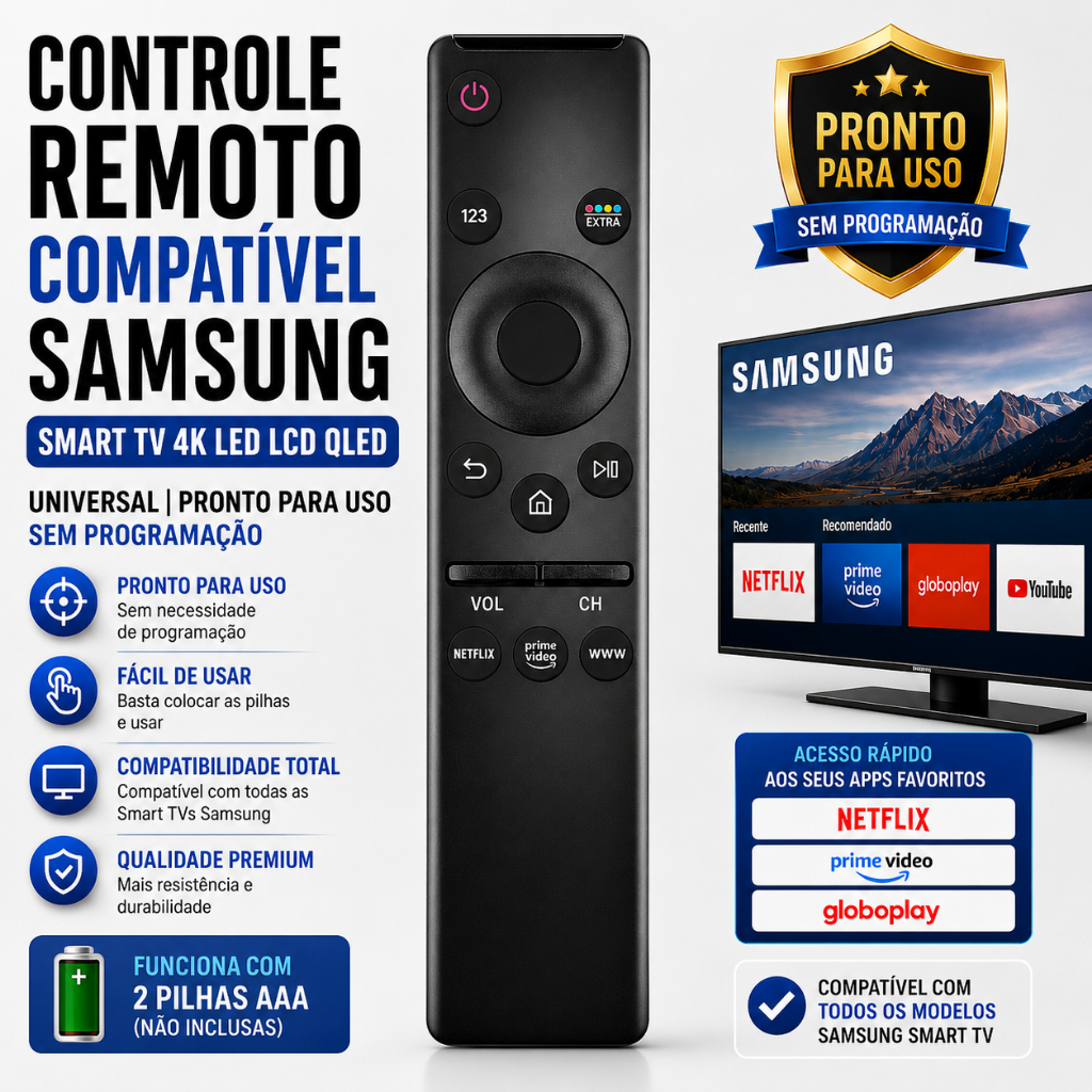Controle Remoto Para Samsung Smart TV Compatível 4K LED LCD UHD QLED