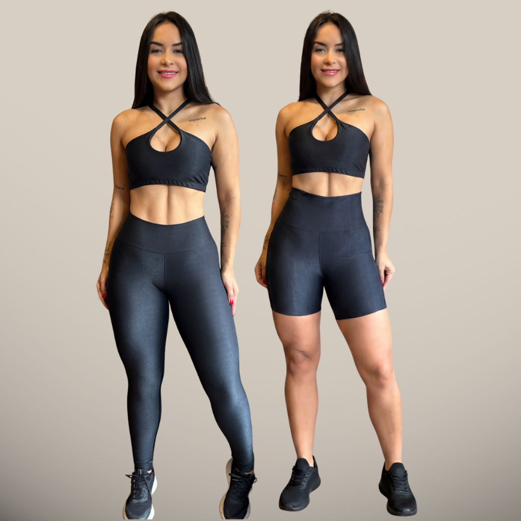Conjunto de Academia Canelado Trio Short + Calça Legging + Top Fitness Roupa Treino Ginástica Bermuda Alta Bolso Corrida