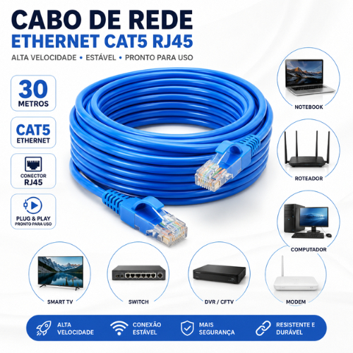 Cabo de Rede Ethernet RJ45 Cat5 30 Metros Internet LAN Alta Velocidade Roteador PC Notebook CFTV Modem Switch Gigabit