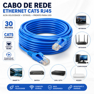 Cabo de Rede Ethernet RJ45 Cat5 30 Metros Internet LAN Alta Velocidade Roteador PC Notebook CFTV Modem Switch Gigabit