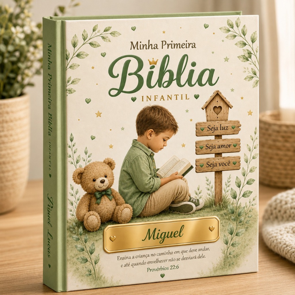 Bíblia Infantil Personalizada Menino Com Nome 365 Histórias + QR Code Áudio Presente Cristão Infantil