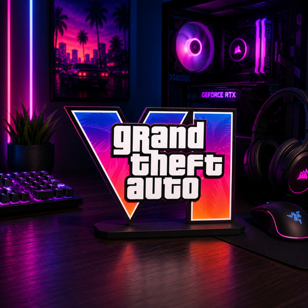 GTA 6 Totem de mesa Decorativo Gamer para PS5 Setup PC Quarto Gamer bancada Home Office