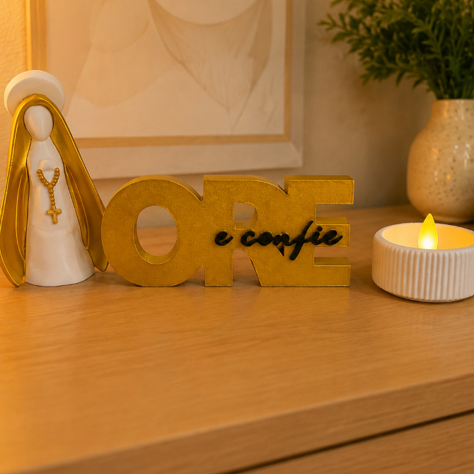 Kit Religioso Nossa Senhora Aparecida Ore e Confia Porta Vela LED Decoração Cristã Presente Católico Luxo