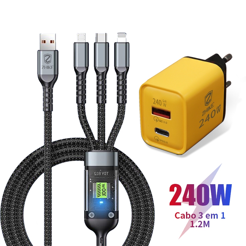 Cabo Carregador Carregamento Rápido 3 em 1 Tipo C Micro USB iP 1,2M Punk Trançado de nylon Com Adaptador GaN