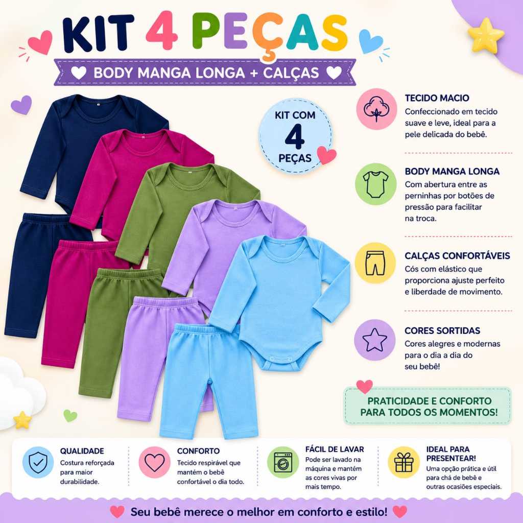 Kit 4 peças body manga longa + mijão menina e menino para bebê infantil canelado