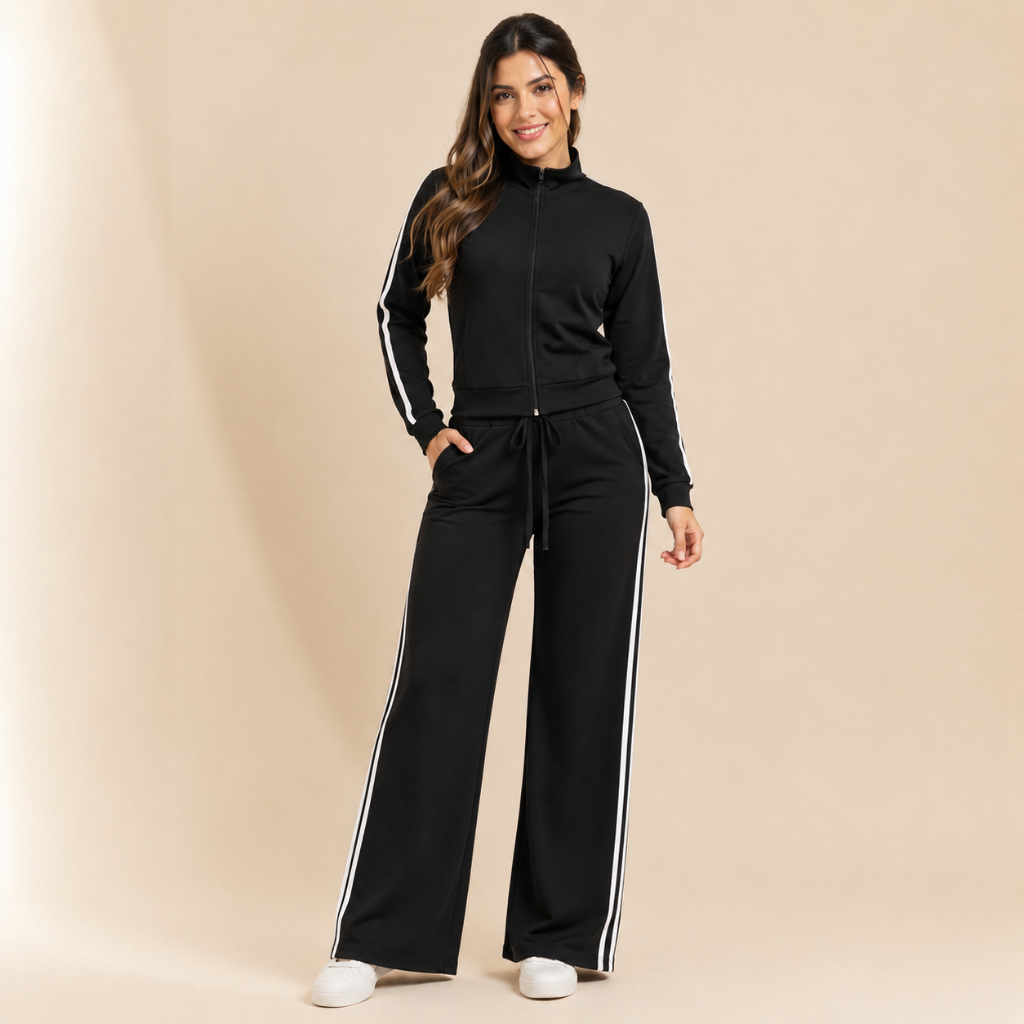 Conjunto Feminino Moletinho com Zíper e Bolso Funcional Pantalona Casual Inverno M G Envio Imediato