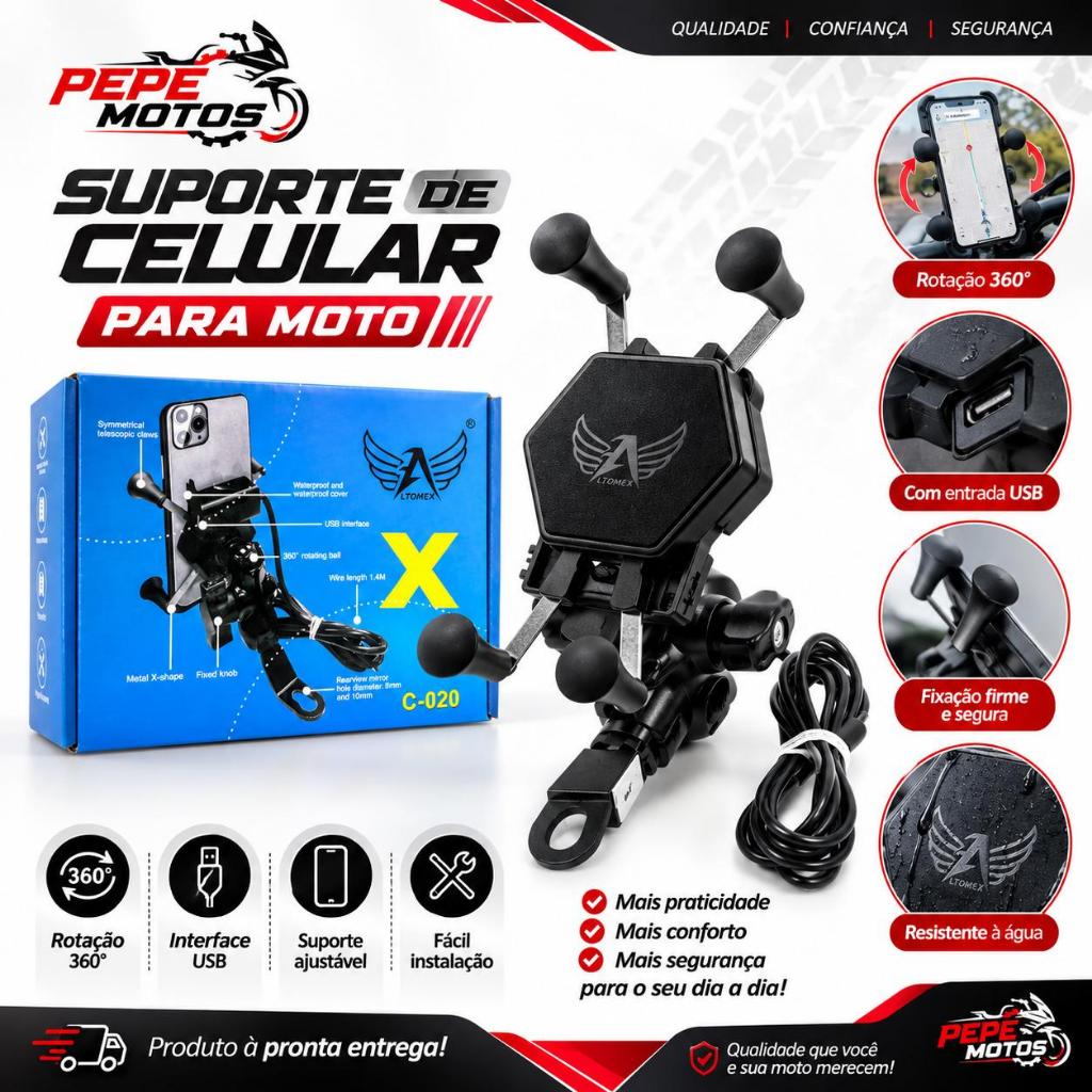 Suporte de Celular para Moto com Carregador USB | Rotação 360° | Universal | Resistente à Água