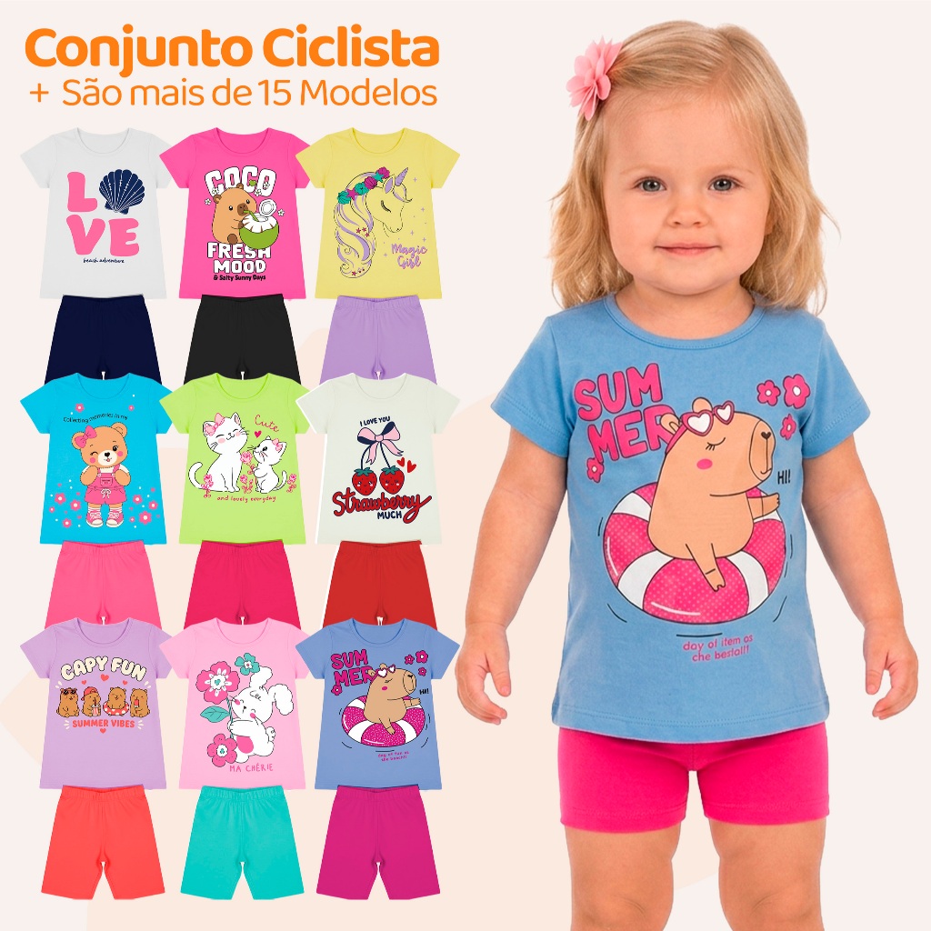Kit Sortido 6 Peças de Roupas Bebe Menina Conjunto Ciclista Tamanho 1 ao 10