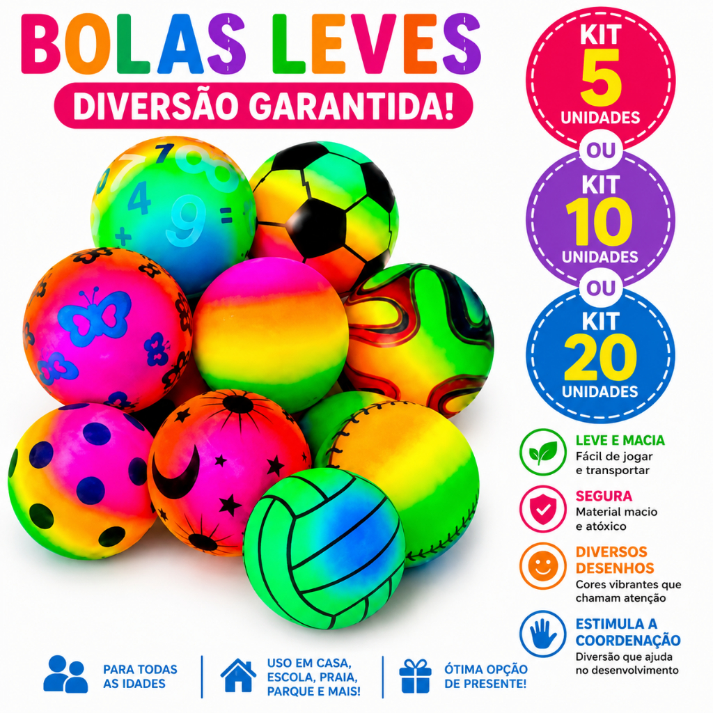 Kit 5/10/20 Bola leve de vinil 16cm arco-iris infantil - Ideal para criança