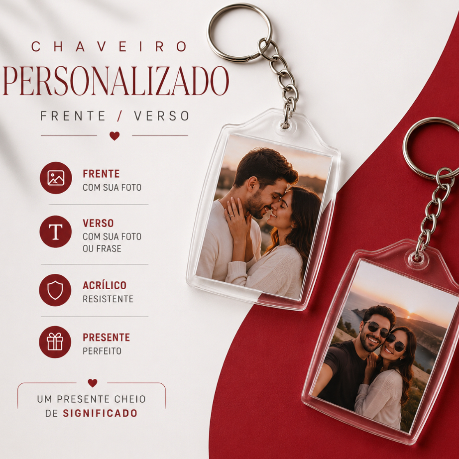 Chaveiro com Foto Personalizado | Presente Único | Frente e Verso | Envio em 24h