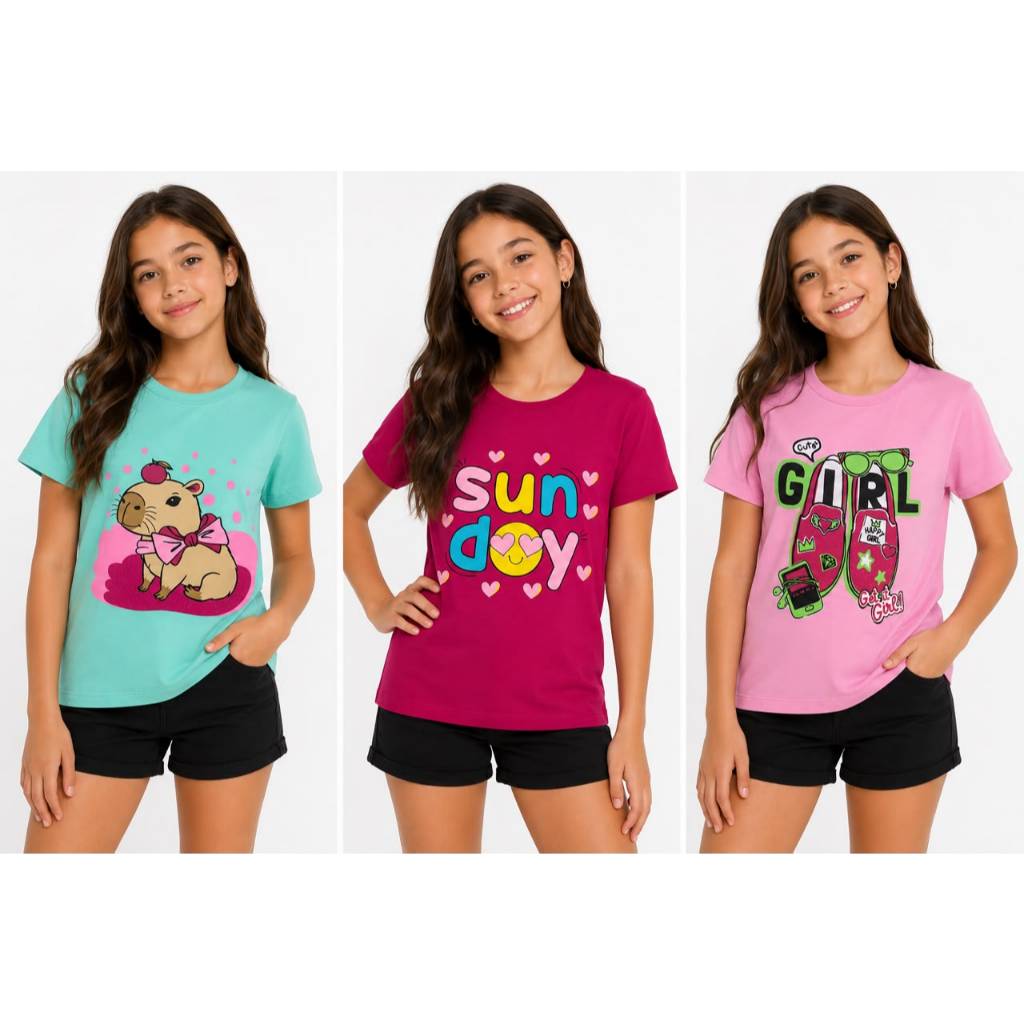 KIT 3 Blusas Manga Curta Menina Infantil Juvenil Tamanho 1 ao 14 anos (020)