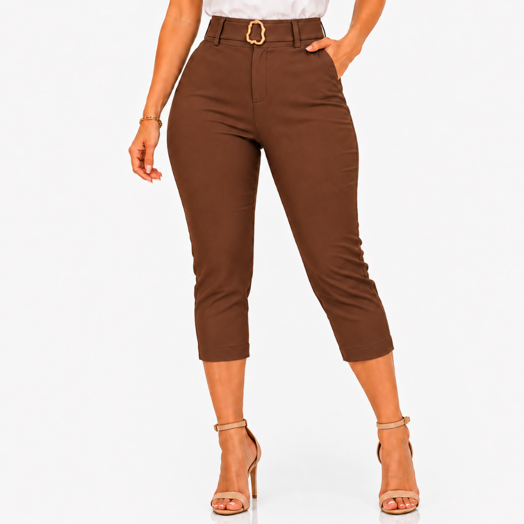 Calça Capri Feminina Alfaiataria Cintura Alta Com Bolso Social Casual