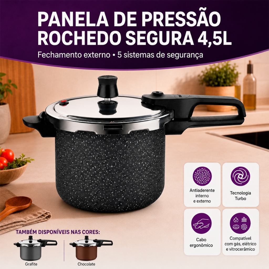Panela de Pressão Alumínio Fechamento Externo Segura 4,5L - Rochedo