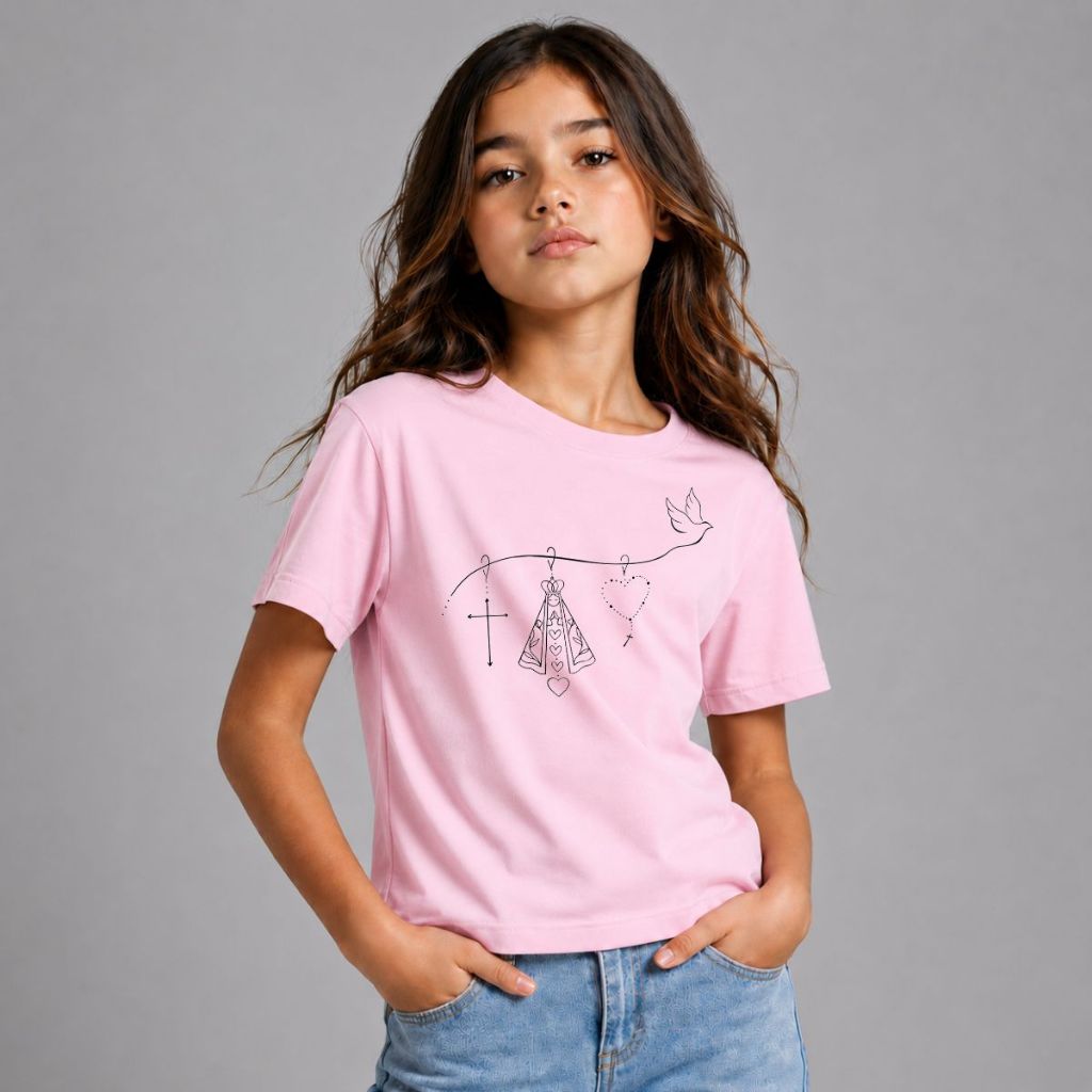 Camiseta Kids Religiosa Nossa Senhora Juvenil Infantil Estampa Católica Proteção Devoção 100% Agodão