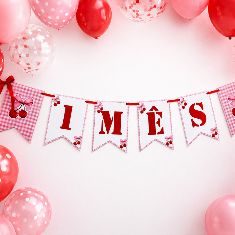 Bandeirolas Personalizadas Decorativas Cerejinha - Fazemos Qualquer Tema | Decoração | Mesversários e Festa Infantil