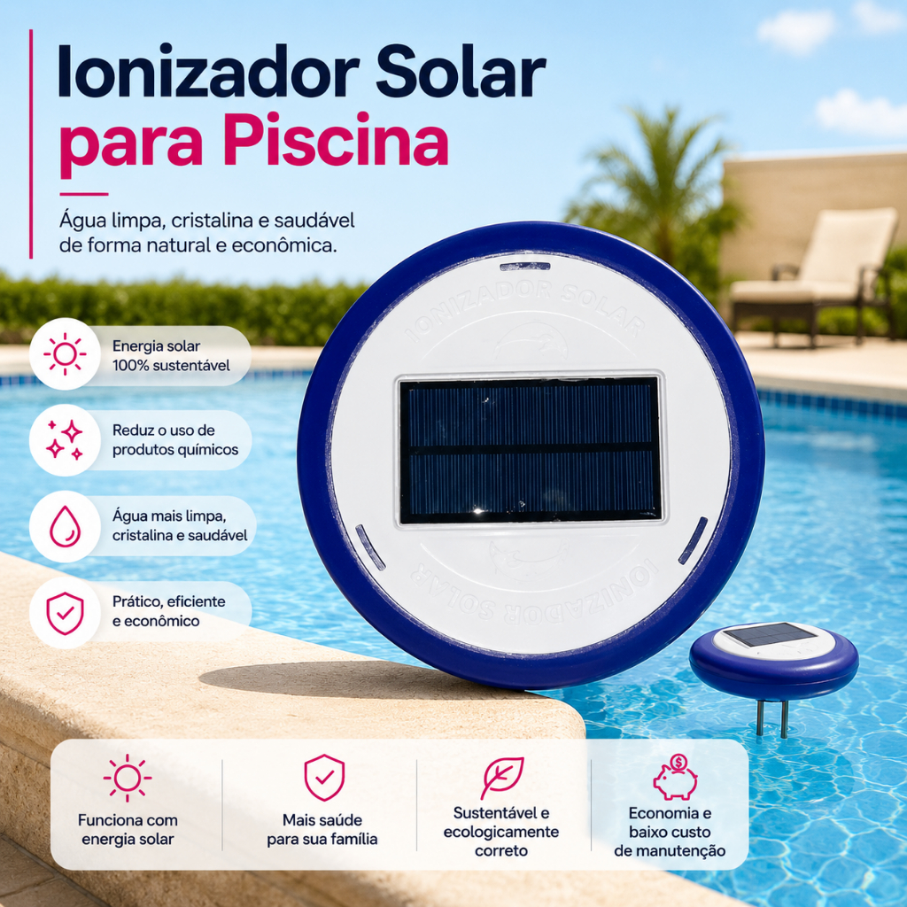 Ionizador Solar para Água Piscina 100.000 Litros até 50m3 sem Cloro Flutuante Eficiente Adeus Algas