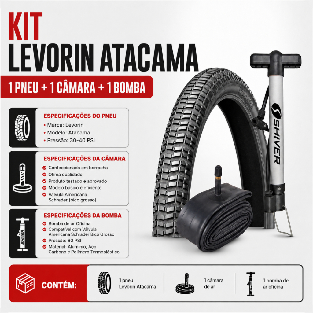 Pneu Levorin Atacama aro 24 x 2.125 + Camara aro 24 + Bomba de ar Shiver bicicleta infantil scooter