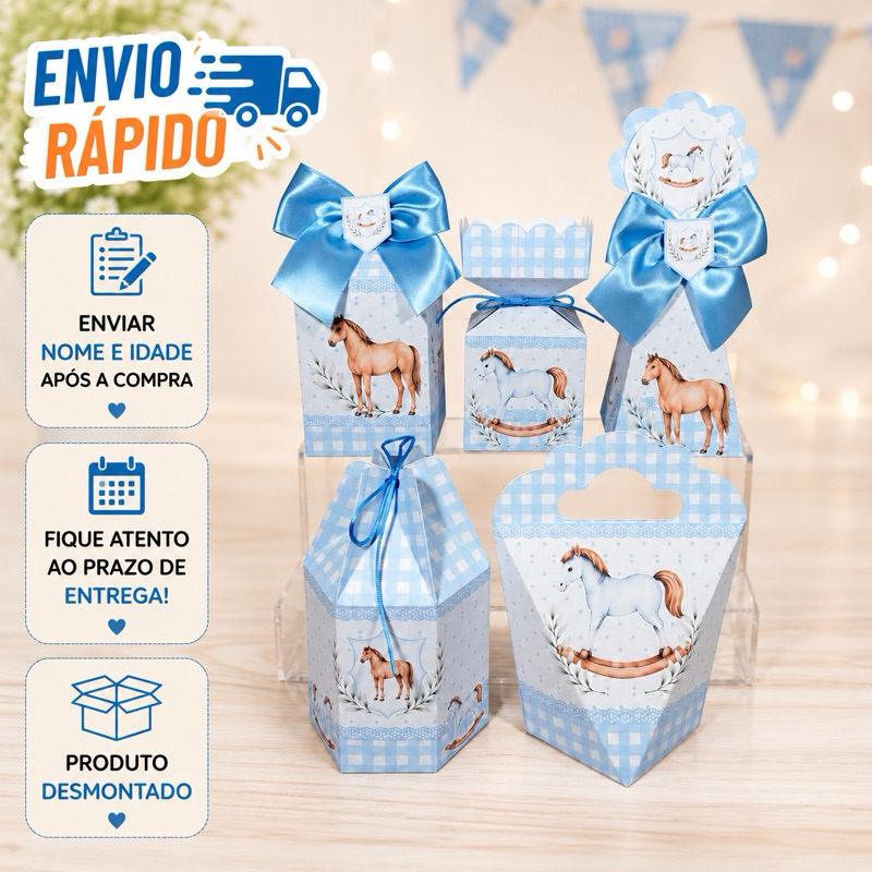Kit Caixinhas Personalizadas para Festa CAVALINHO NO BALANÇO AZUL Lembrancinha de Aniversário DESMONTADO.