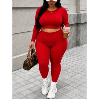 Conjunto Plus Size Feminino Manga Longa Cropped E  Calça Canelado 3D Calça Blusa Inverno de Conjunto de Frio