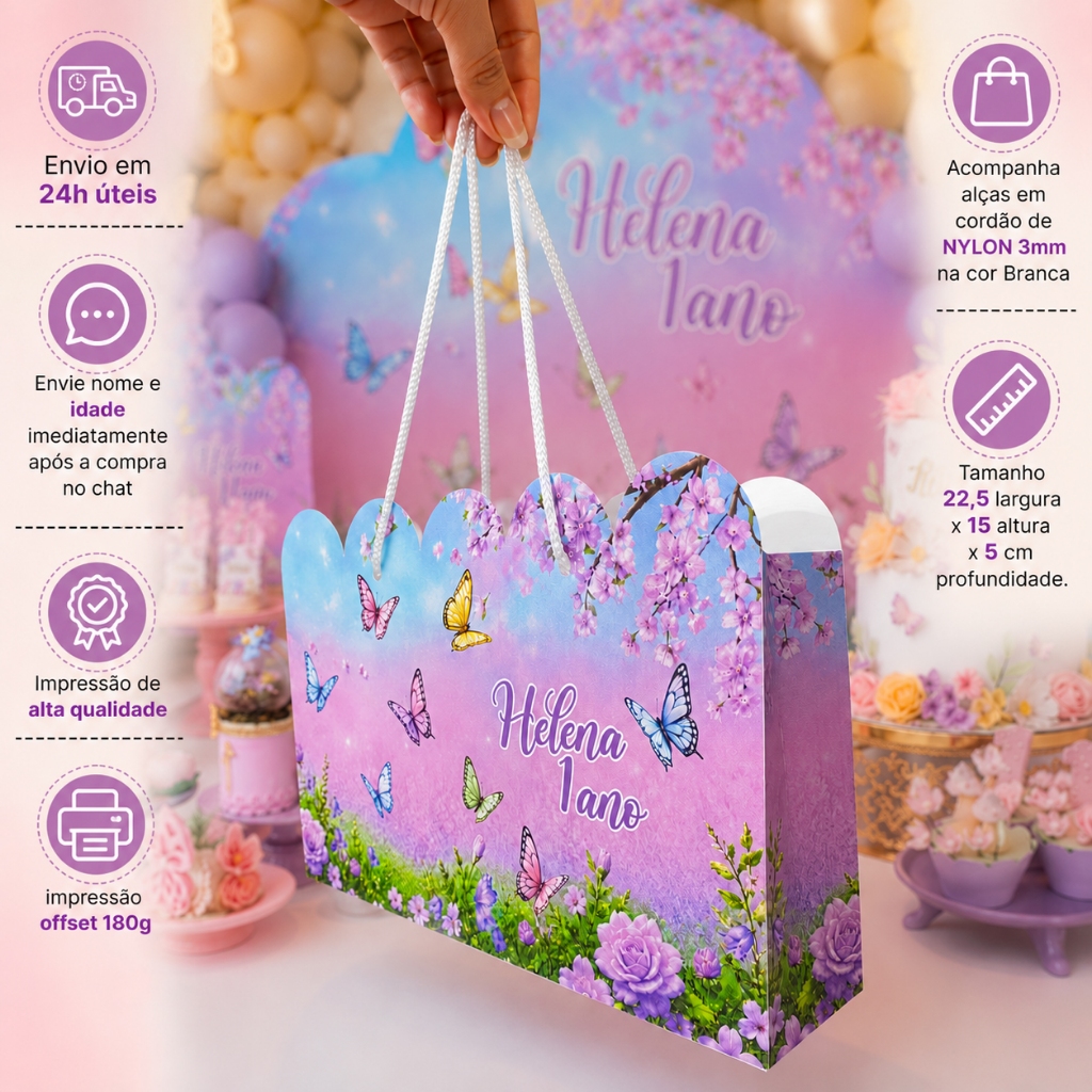 Kit 10/15 Sacolinhas Personalizadas Jardim das Borboletas Lilas | Lembrancinha Festa Infantil