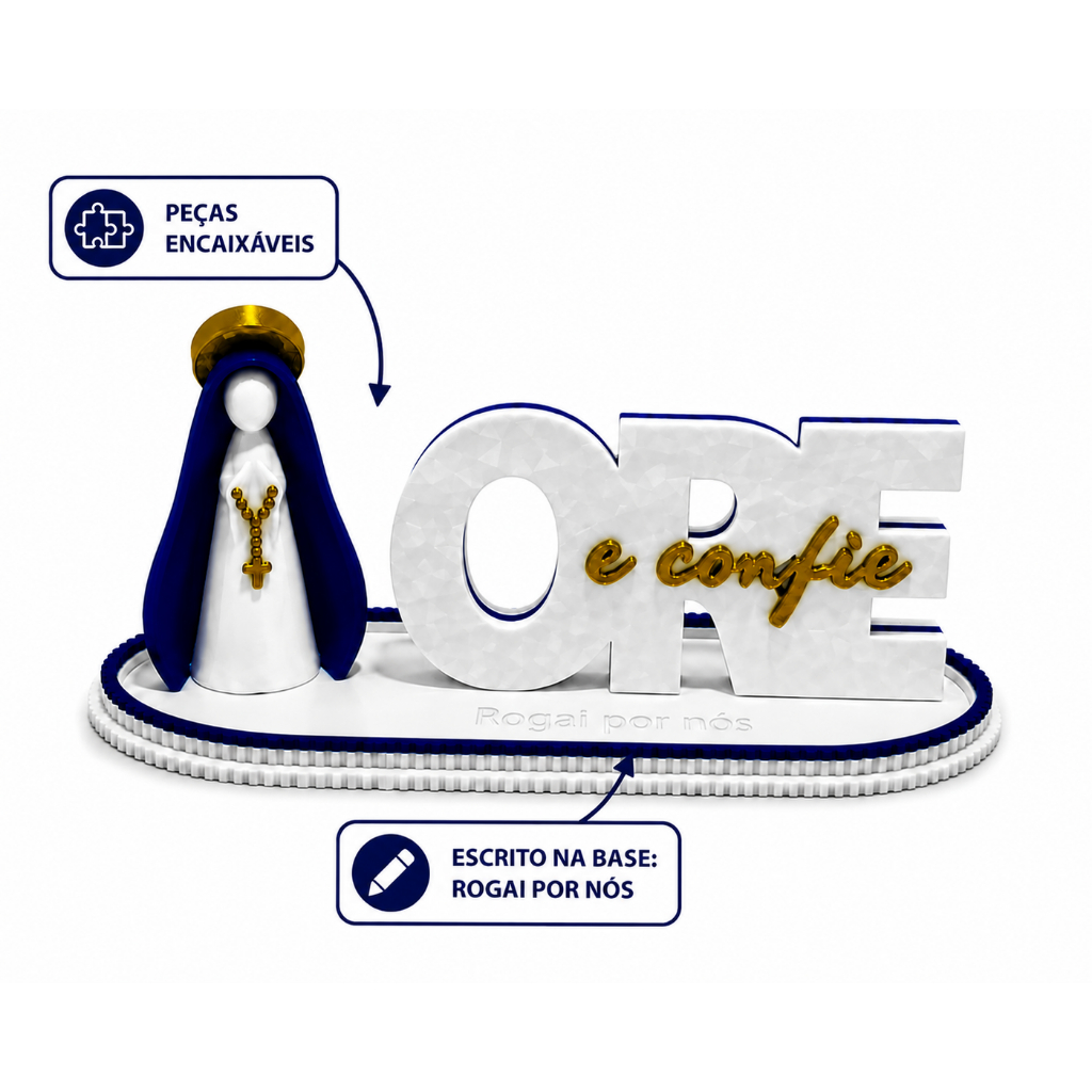Kit Decorativo Nossa Senhora Aparecida com ORE e Confie | Base Rogai por Nós | Enfeite Religioso