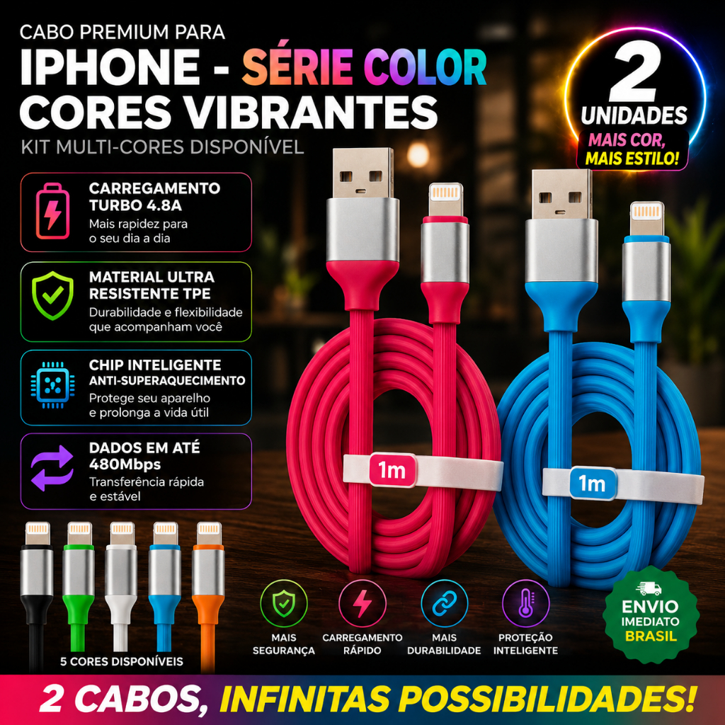 KIT 2 CABOS Carregador Colorido USB - Lightning Turbo 1.20 Metros Celular IPhone 8 X 11 12 13 14 PROMOÇÃO