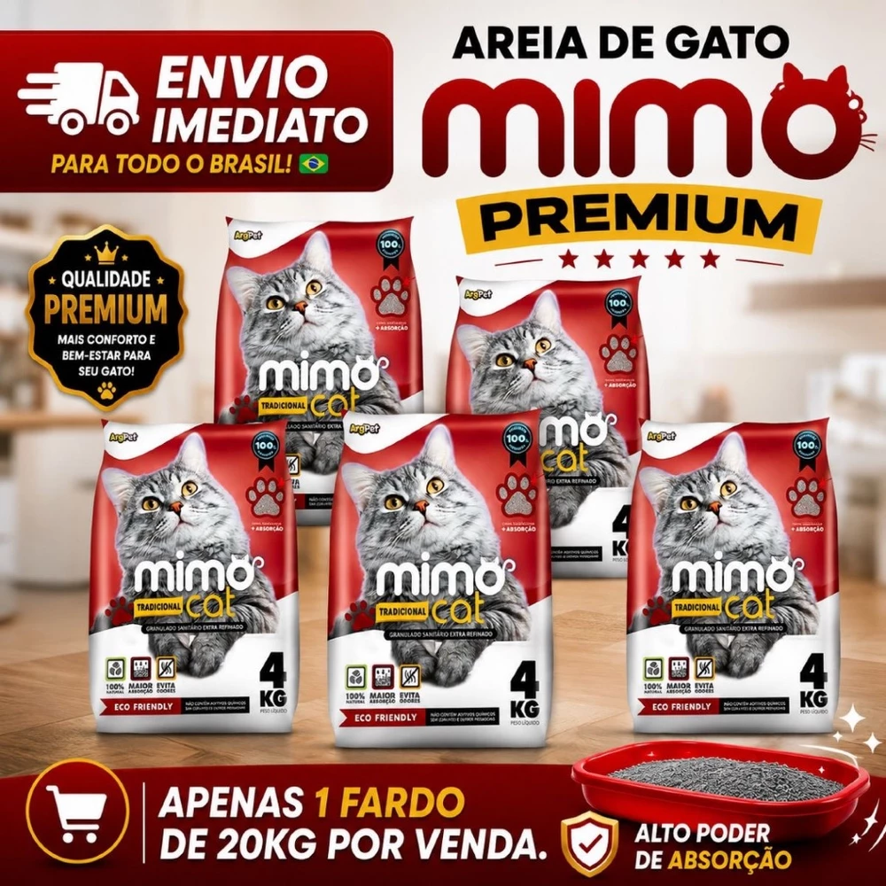 Kit 5 Areia Sanitária Higiênica para Gatos Tradicional Apenas 1 Fardo de 20 kg Por Pedido Mimo Cat Premium