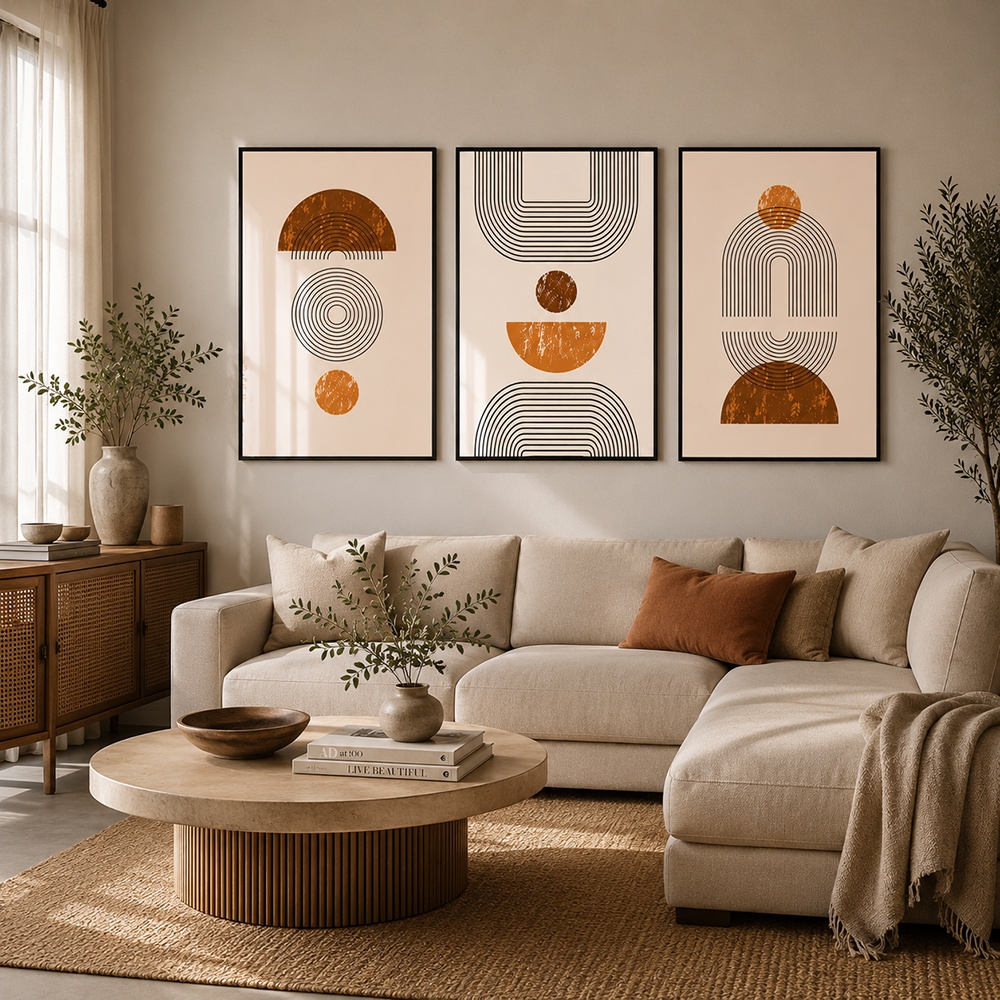 Quadro Decorativo Geométrico Abstrato 3 Telas Com Moldura Moderno Sala Quarto