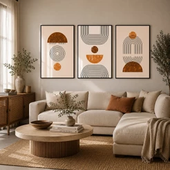Quadro Decorativo Geométrico Abstrato 3 Telas Com Moldura Moderno Sala Quarto