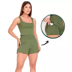 Conjunto Fitness Feminino Poliamida com Blusa + Short DUPLO com Bolso Roupa Academia e Corrida
