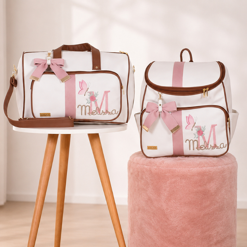 Kit Bolsa Maternidade Menina Personalizada Melissa Off/Cacau/Rosê - 02 Peças