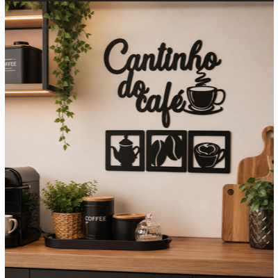 Quadro Aplique de Parede Cantinho Do Café Kit 4 Peças Decoração Cozinha Mdf 3mm Preto
